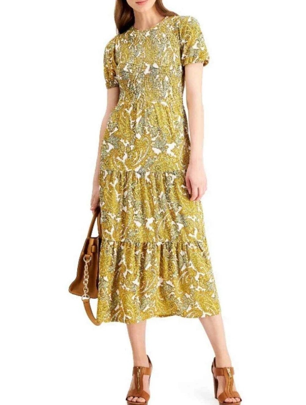 Micahel Kors Floral Smocked Tiered Midi Dress - Yellow
